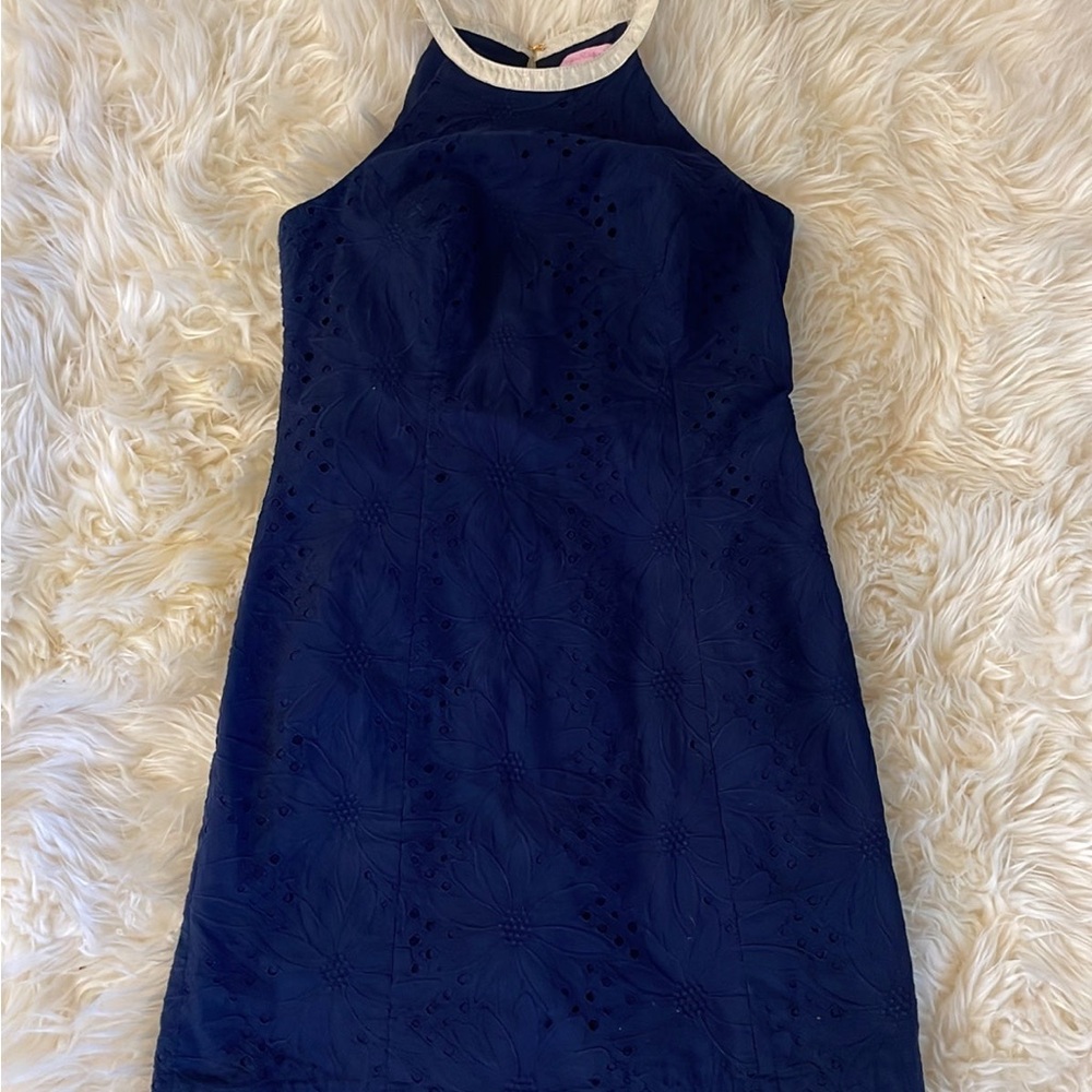 LILLY PULITZER Pearl Navy Shift Dress True Navy Gold Lace Halter Size 4 - Picture 2 of 5